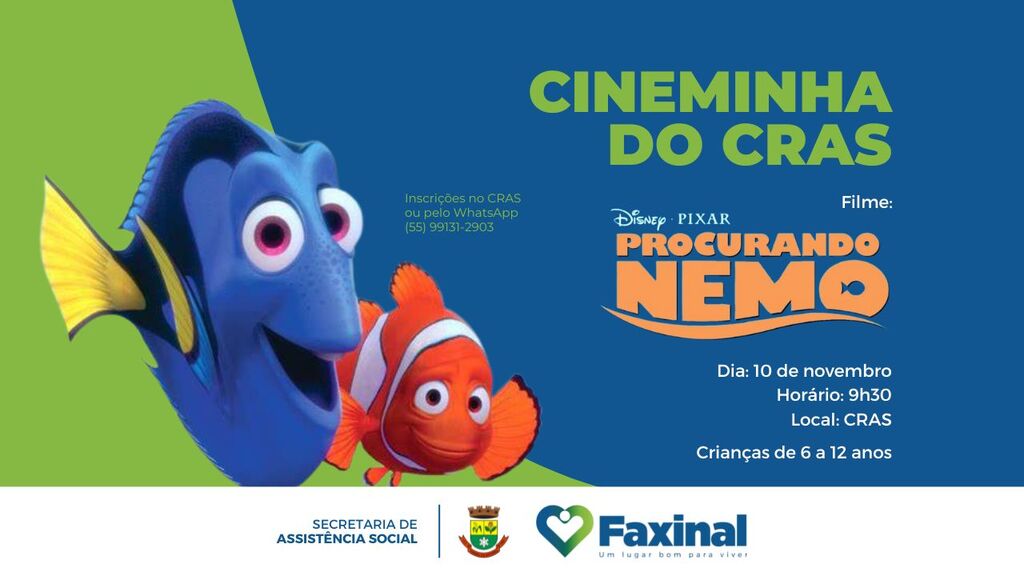 Filme “Procurando Nemo” será exibido no próximo Cineminha do CRAS de Faxinal do Soturno