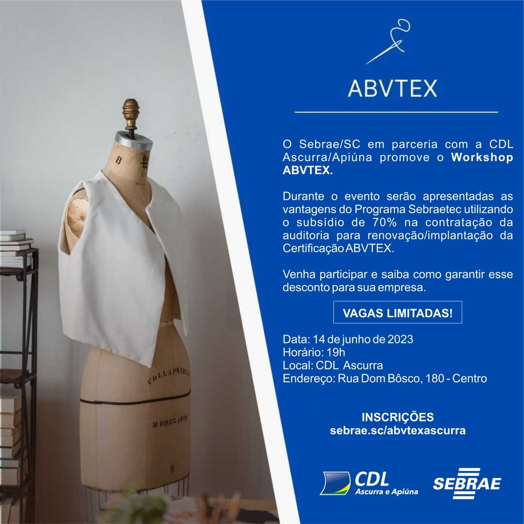 Sebrae/SC organiza workshop da ABVTEX para empresários do Médio Vale