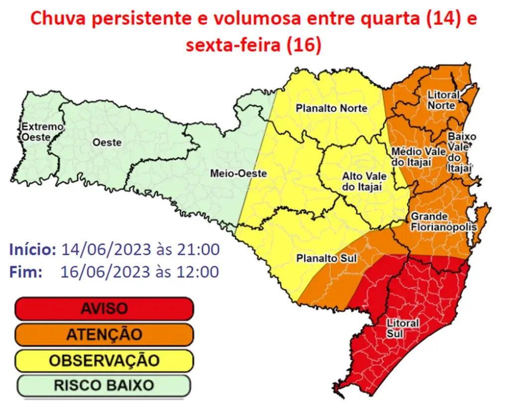 Defesa Civil alerta sobre deslizamentos, enxurradas e inundações em Santa Catarina