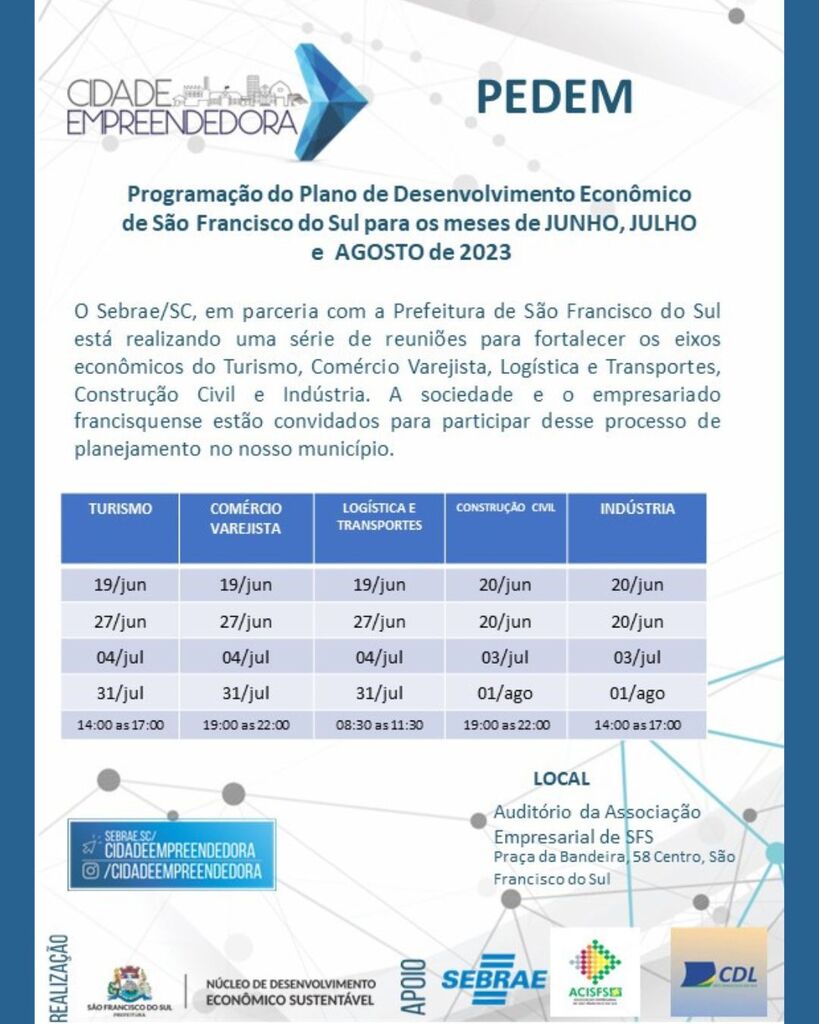 Programação do Plano de Desenvolvimento Econômico de São Francisco do Sul para os meses de JUNHO, JULHO e AGOSTO de 2023