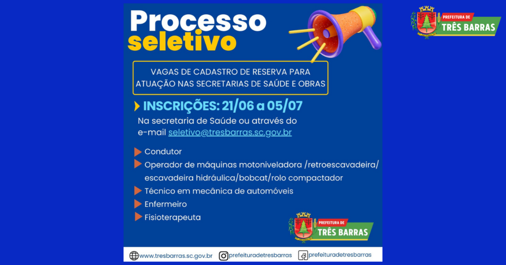 PROCESSO SELETIVO: TRÊS BARRAS ABRE VAGAS PARA CADASTRO DE RESERVA PARA CARGOS NAS SECRETARIAS DE SAÚDE E OBRAS