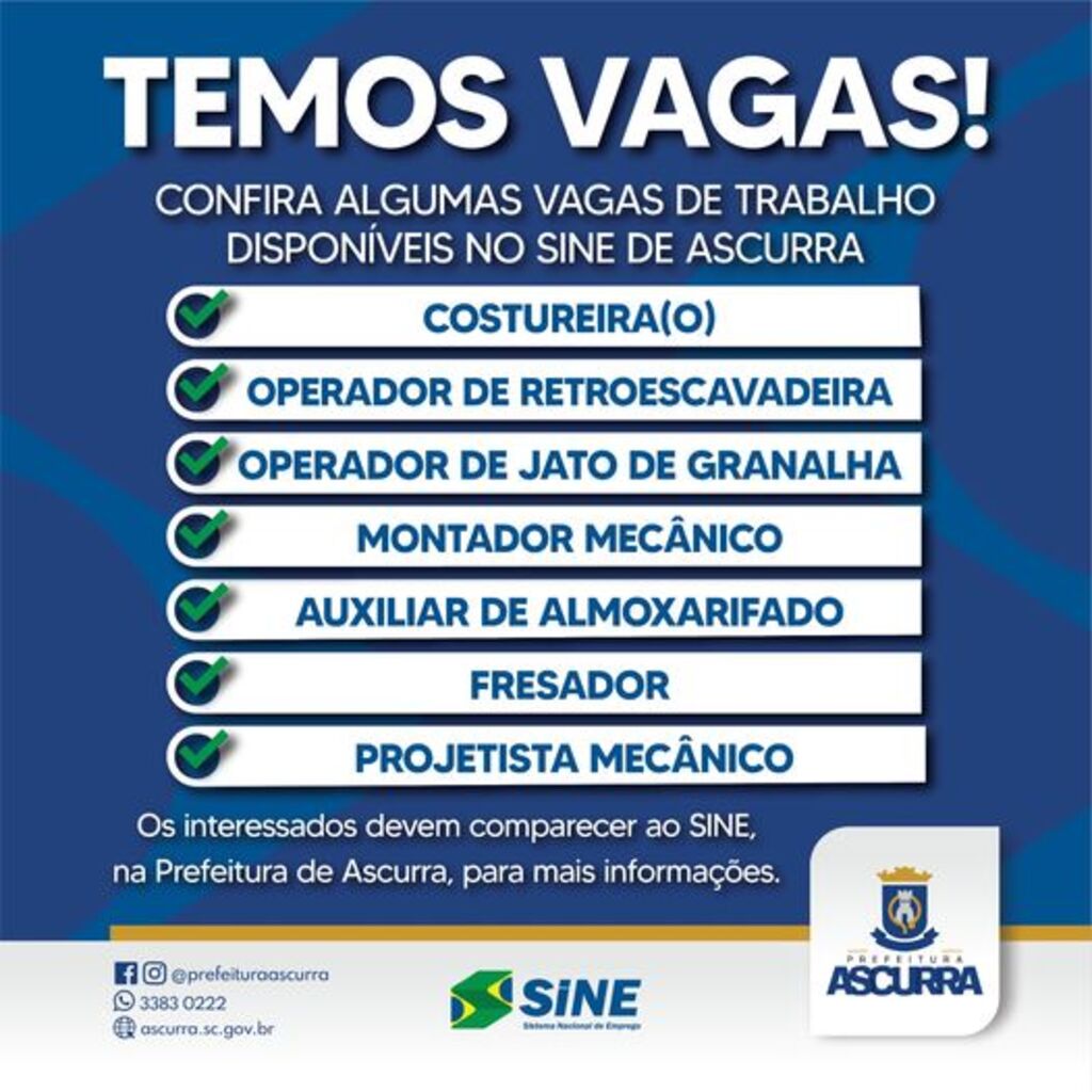 Confira algumas vagas de trabalho disponíveis em Ascurra!