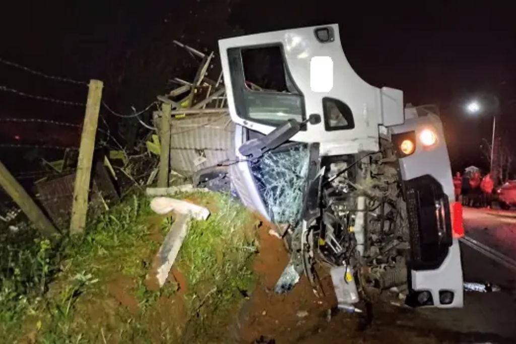 Caminhão carregado com galinhas vivas tomba em rodovia