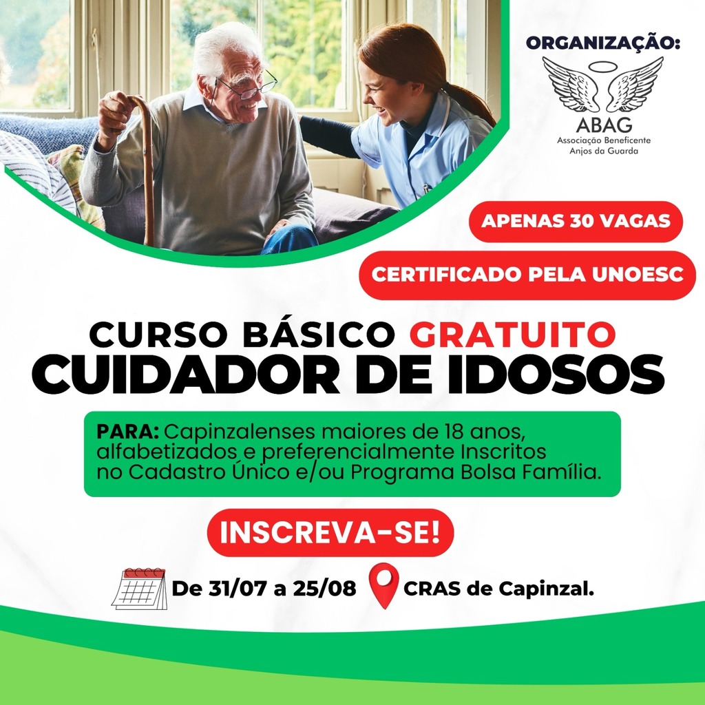 ABAG proporciona Curso GRATUITO de Cuidador de Idosos, com aulas ministrada na Unoesc Capinzal