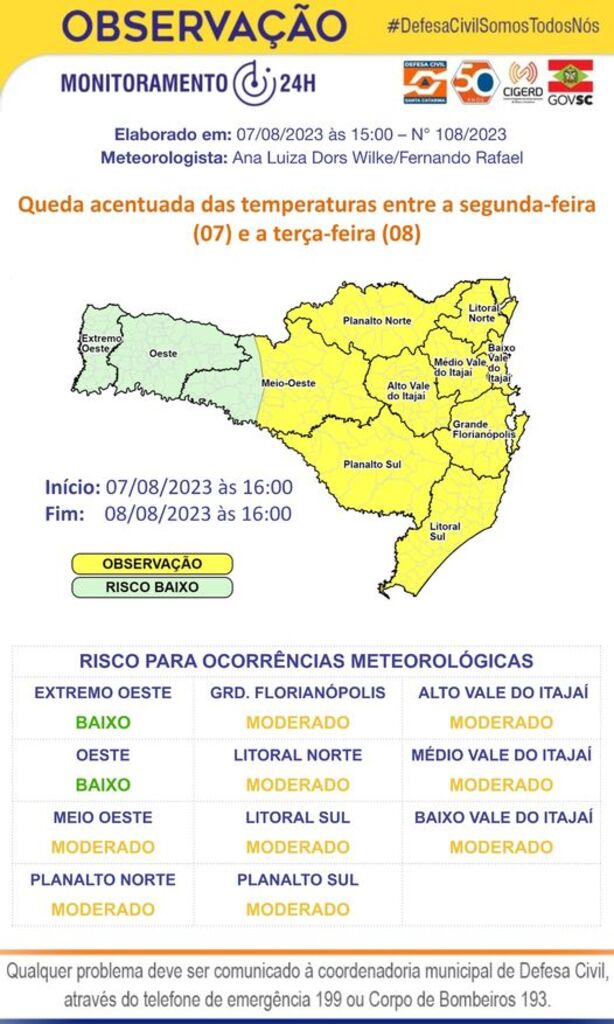 Queda acentuada das temperaturas entre a segunda-feira (07) e a terça-feira (08)