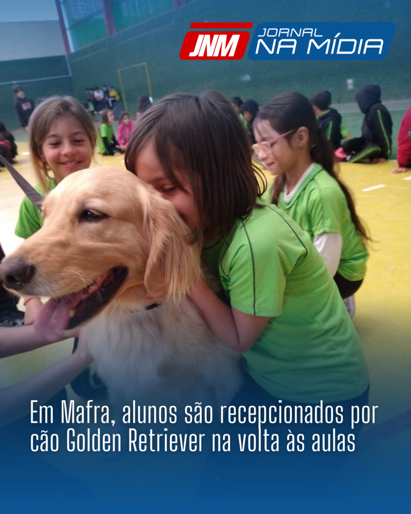 Em Mafra, alunos são recepcionados por cão Golden Retriever na volta às aulas