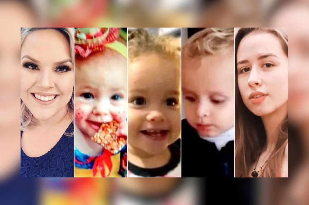  - Keli Adriane, Sarah Luiza, Anna Bela, Murilo Massing e Mirla Renner são as vítimas do atentando a creche em Saudades (SC) — Foto: Reprodução/Redes Sociais; Reprodução/NSC TV