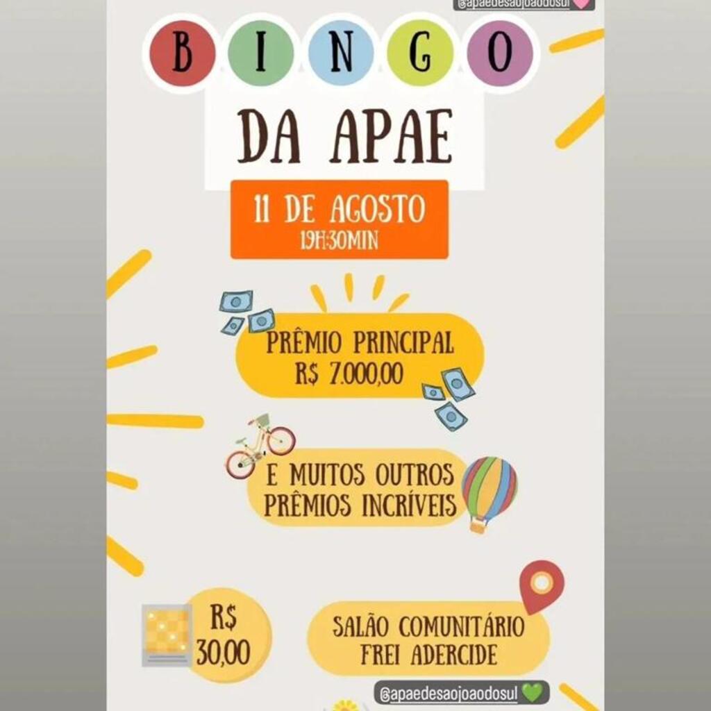 BINGO DA APAE SERÁ REALIZADO HOJE SEXTA-FEIRA (11), EM SÃO JOÃO DO SUL