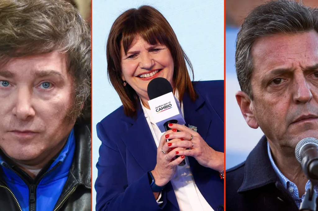  - Montagem apresenta Javier Milei, Patrícia Bullrich e Sergio Massa: principais candidatos à presidência da Argentina — Foto: Arte g1/REUTERS