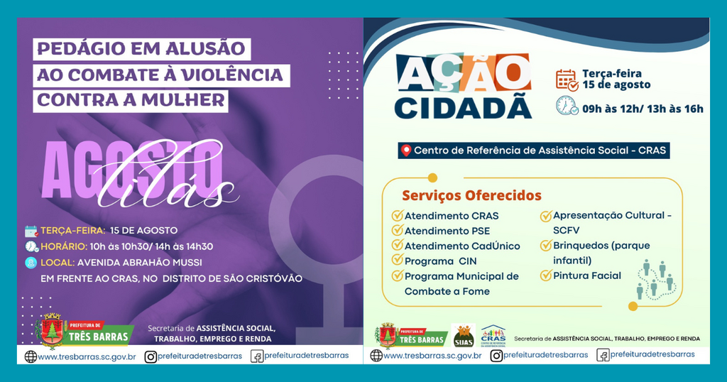 HOJE, 15 DE AGOSTO, TEM PEDÁGIO E “AÇÃO CIDADÃ” PARA PROMOVER A CAMPANHA AGOSTO LILÁS EM TRÊS BARRAS