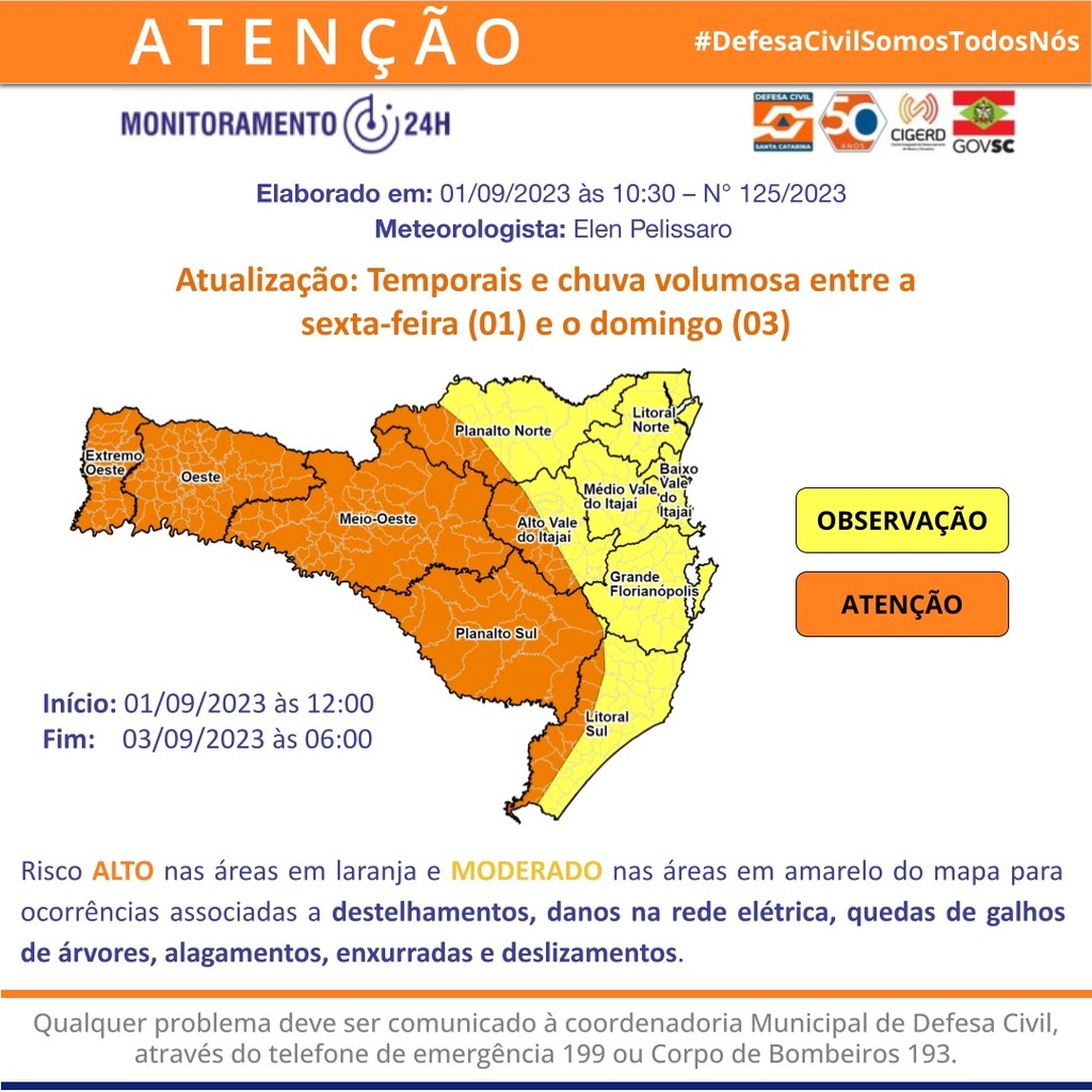 MUDANÇA NO TEMPO COM TEMPORAIS E CHUVA VOLUMOSA ENTRE A SEXTA E O DOMINGO EM SC