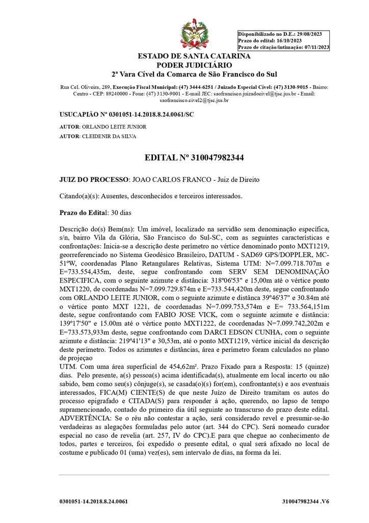 PUBLICAÇÃO LEGAL USUCAPIÃO Nº 0301051-14.2018.8.24.0061/SC