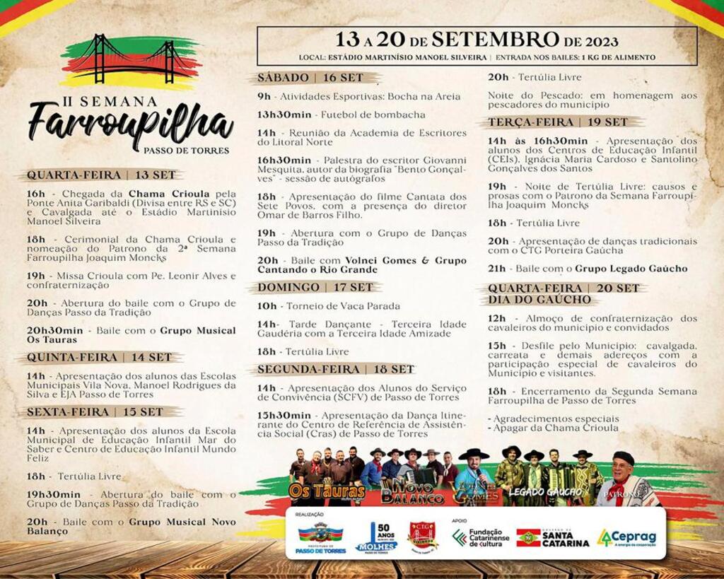 SEMANA FARROUPILHA INÍCIA NA QUARTA-FEIRA (13) 
COM FOCO NAS TRADIÇÕES E NA HISTÓRIA REGIONAL EM PASSO DE TORRES
