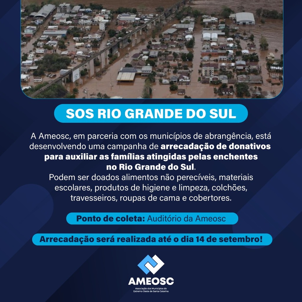 Ameosc promove campanha SOS Rio Grande do Sul para arrecadação de donativos