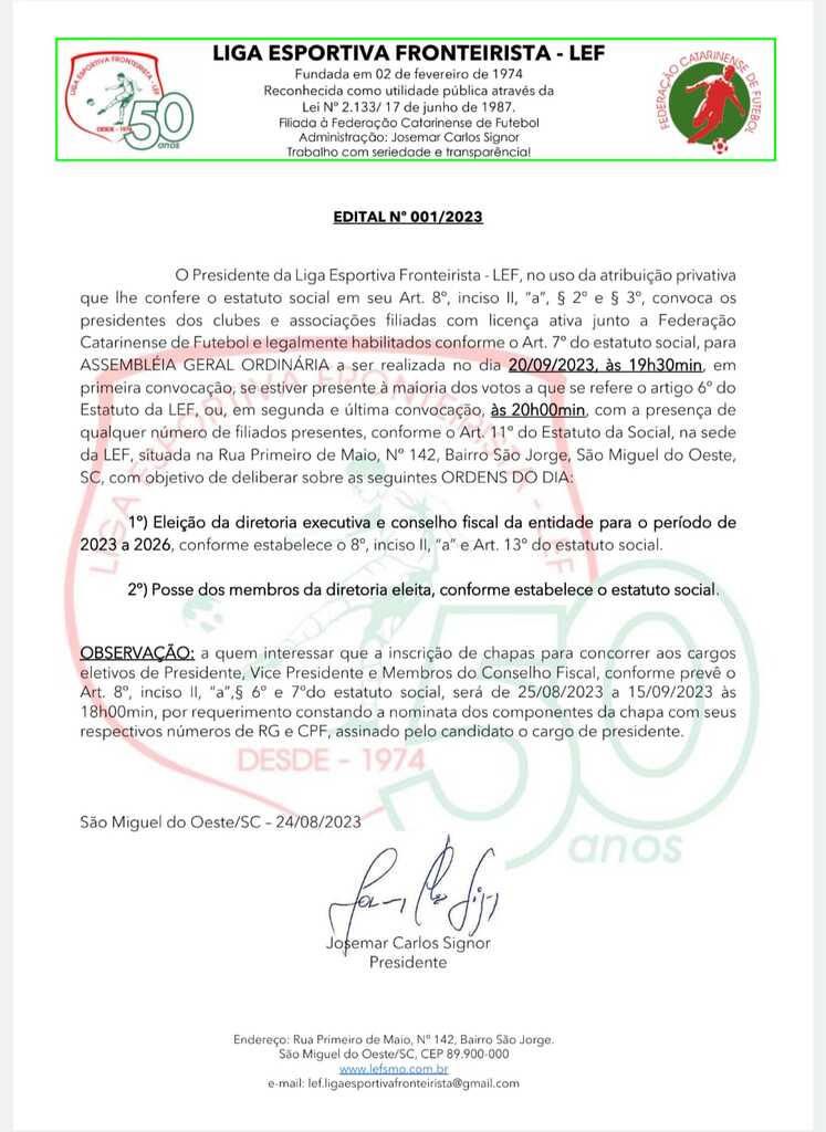 Liga Esportiva Fronteirista divulga edital sobre Assembleia Geral Ordinária