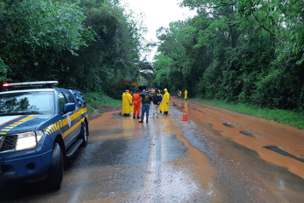 Pista é liberada próximo ao acesso a Nova Esperança do Sul; rodovia estava bloqueada após queda de árvores e desmoronamento de terras