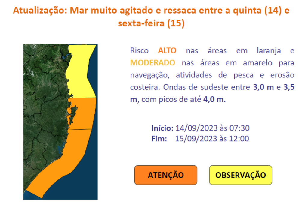 Defesa Civil atualiza Aviso para mar muito agitado e ressaca entre quinta e sexta-feira