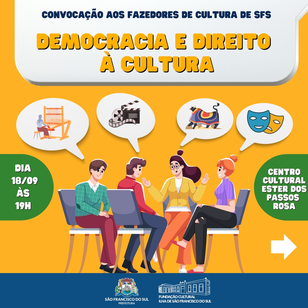 Democracia e direito à cultura: Dia 18 tem pré-conferência municipal de cultura e oitivas da lei Paulo Gustavo de São Francisco do Sul