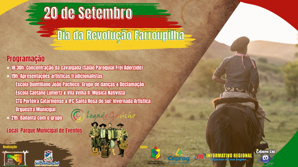 SÃO JOÃO DO SUL CELEBRA NA QUARTA-FEIRA, 20 DE SETEMBRO, O DIA DA REVOLUÇÃO FARROUPILHA