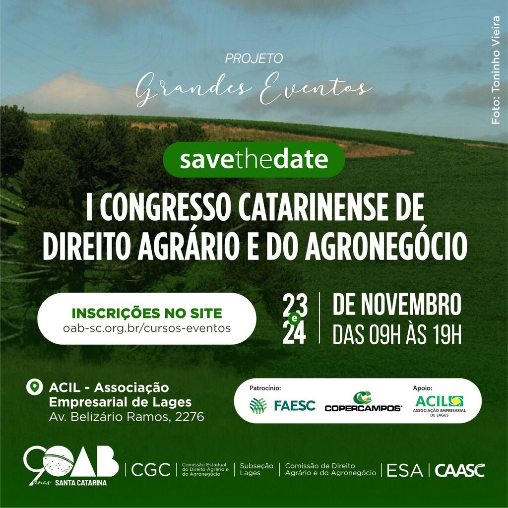 Lages será sede do I Congresso Catarinense de Direito Agrário e do Agronegócio
