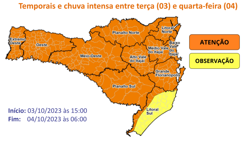 Defesa Civil alerta para temporais e chuva volumosa para Santa Catarina