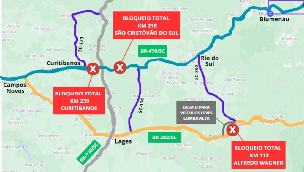 BRs 282 e 470 seguem com pontos de interdição total de trânsito