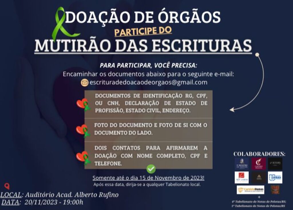 População poderá assinar escritura de doação de órgãos gratuitamente