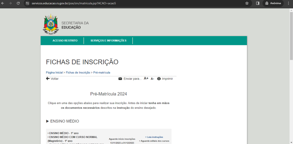 Período de matrículas para ano letivo de 2024 começa na segunda