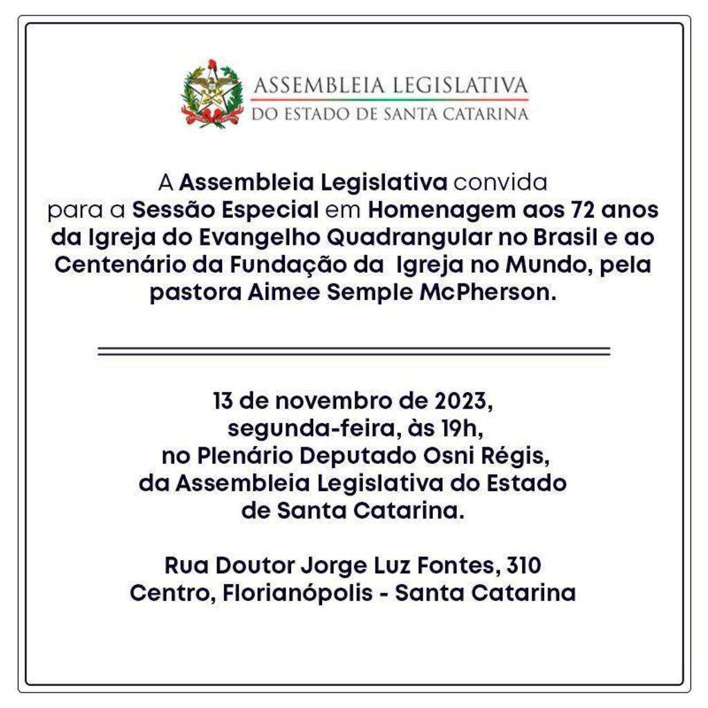 Igreja Quadrangular será homenageada na Assembleia Legislativa pelos 72 anos no Brasil e pelo centenário de fundação no mundo 