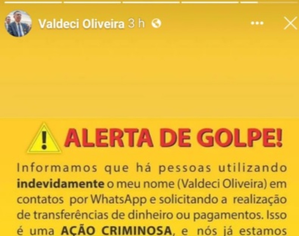 Golpista usa foto e número de celular de deputado da região para pedir dinheiro
