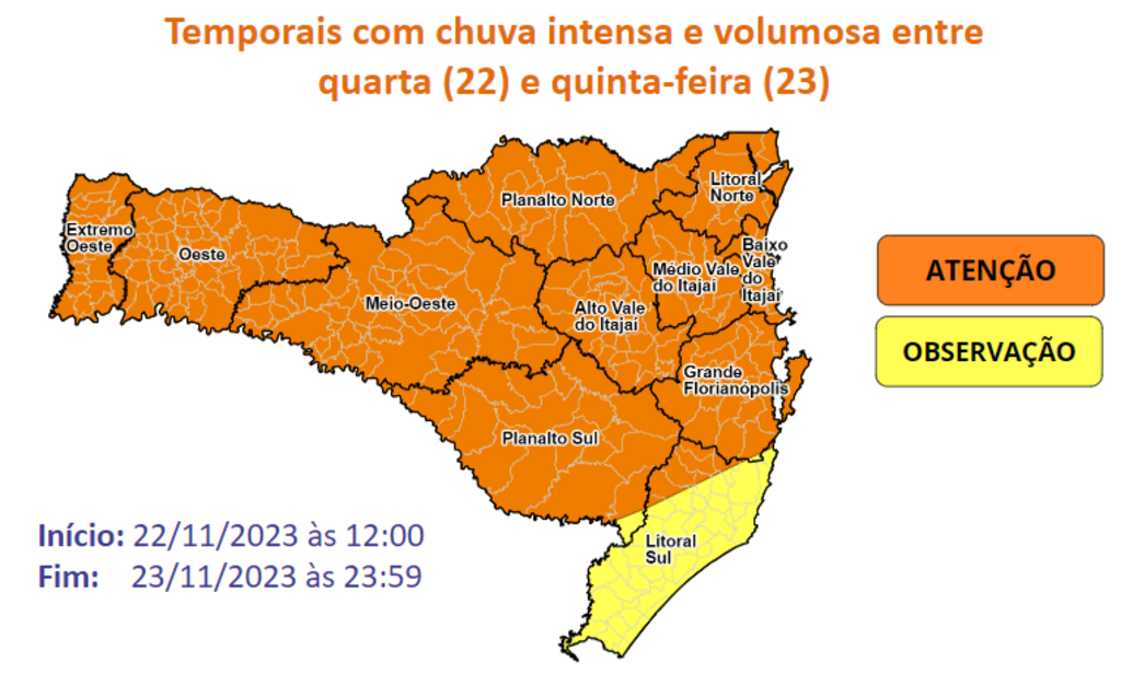 Defesa Civil alerta para a possibilidade de temporais com chuva intensa e volumosa