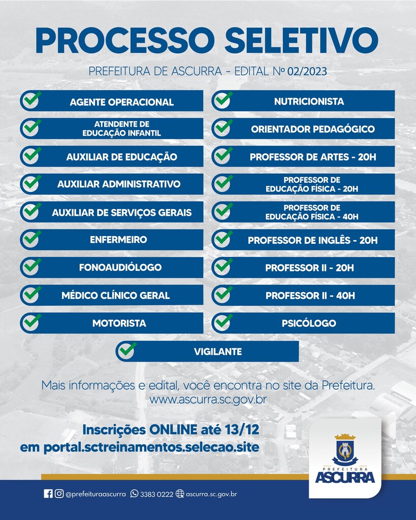 Prefeitura de Ascurra publica edital de Processo Seletivo para diferentes vagas.