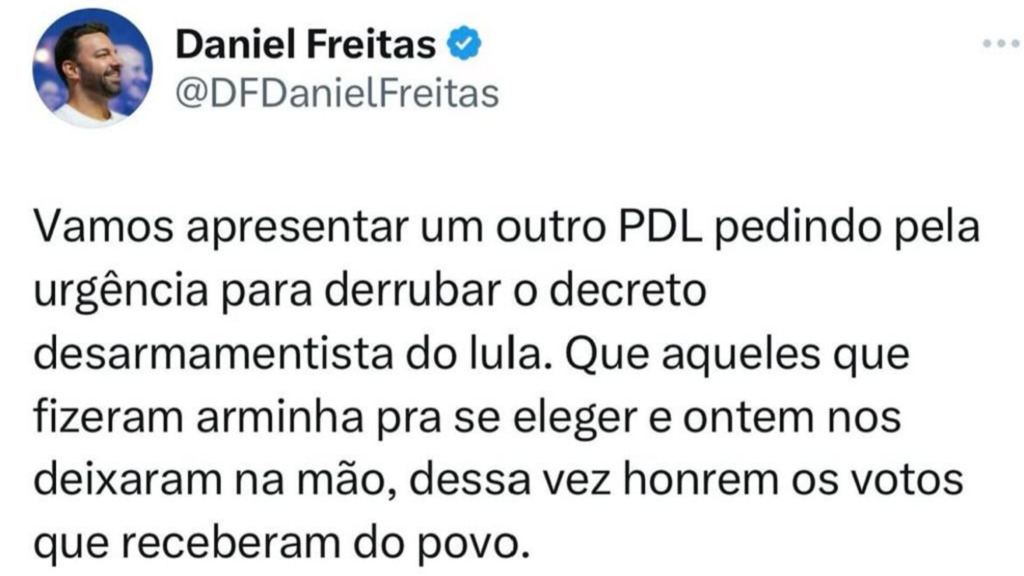 Daniel Freitas (PL) manda recado para bolsonaristas após decreto desarmamentista de Lula (PT) ser mantido na Câmara