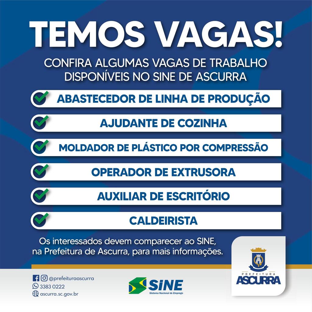 Confira algumas vagas de trabalho disponíveis em Ascurra!