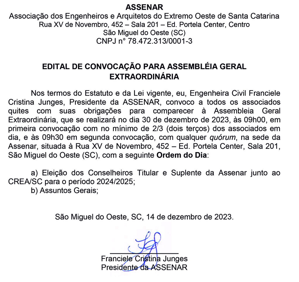 Assenar - Edital de Convocação para Assembleia Geral Extraordinária