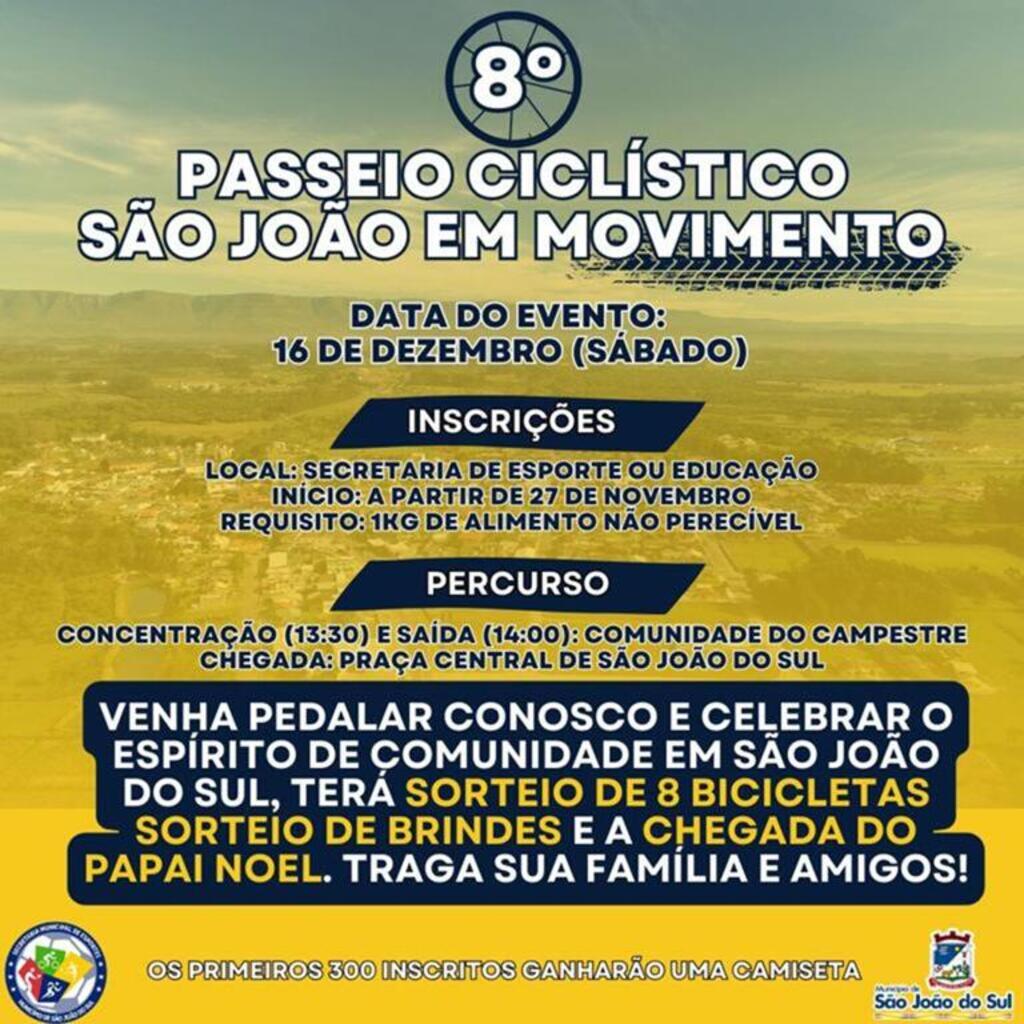 8º PASSEIO CICLíSTICO 
“SÃO JOÃO EM MOVIMENTO” 
SERÁ NESTE SÁBADO (16)