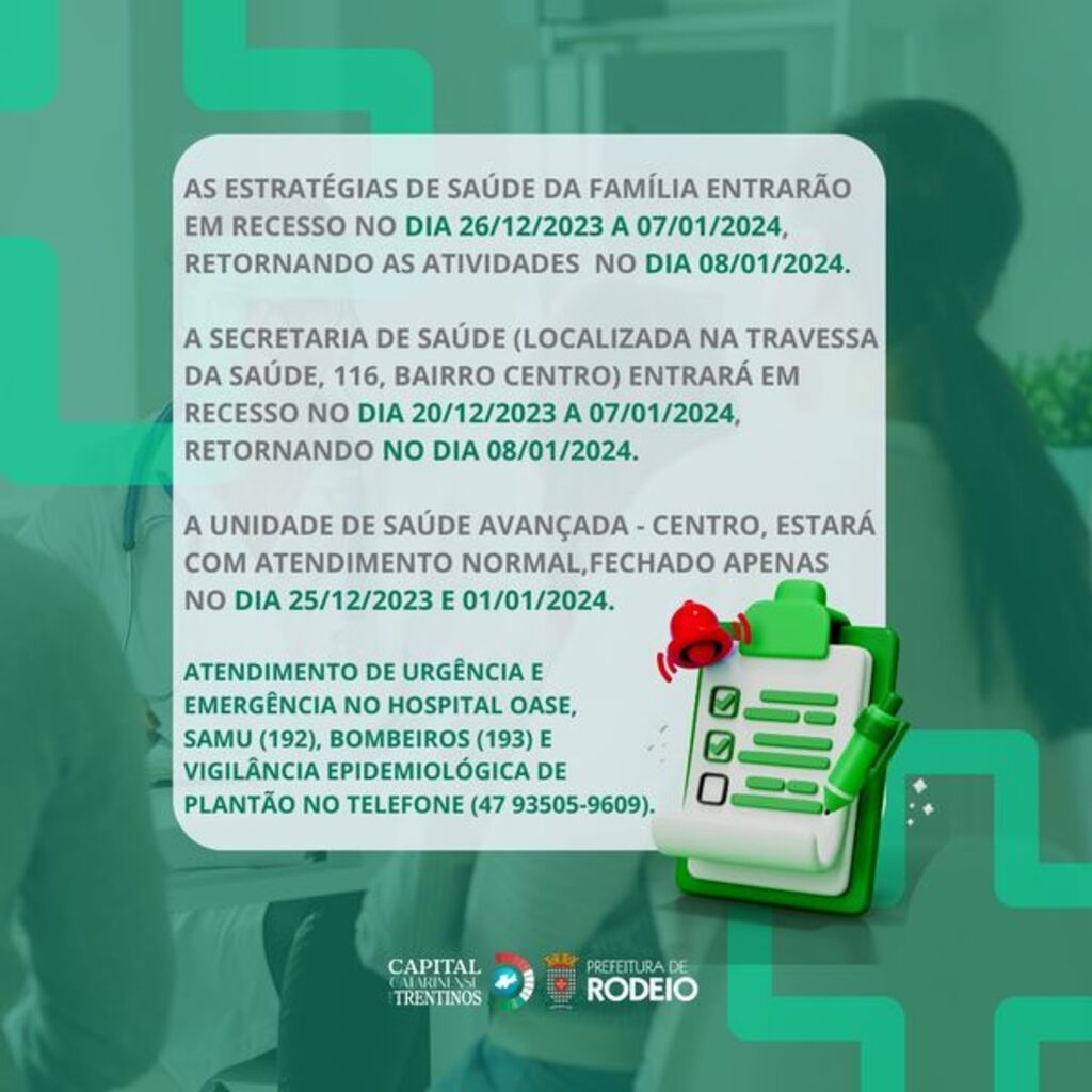 AVISO IMPORTANTE SOBRE O RECESSO DA SECRETARIA MUNICIPAL DE SAÚDE