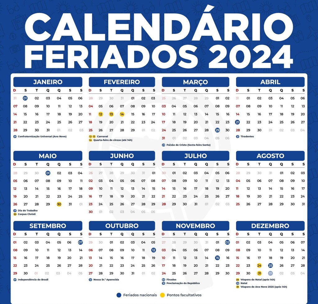 Ano de 2024 terá 10 feriados e 8 pontos facultativos; veja a lista