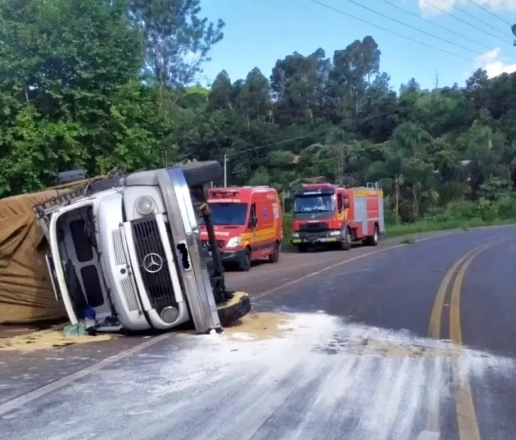 Caminhão não vence curva e tomba na BR-282