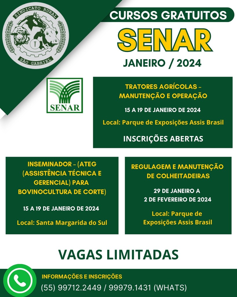 Sindicato Rural anuncia Cursos Gratuitos do SENAR para janeiro