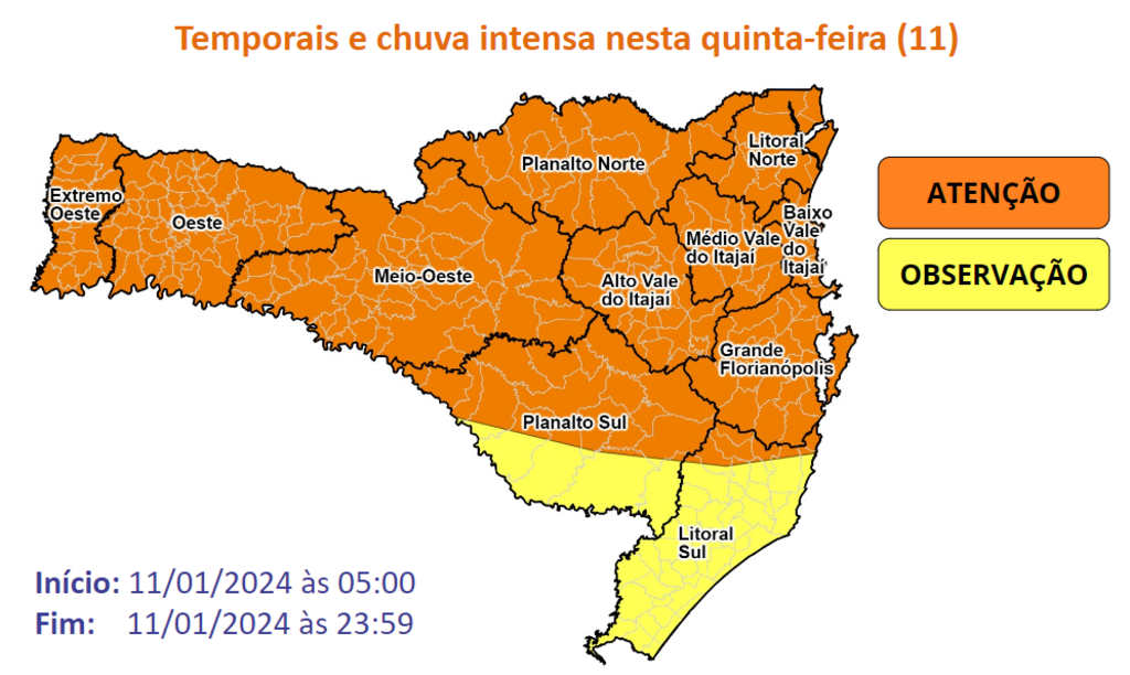 Previsão de tempo da Defesa Civil indica temporais e chuva intensa nesta quinta-feira