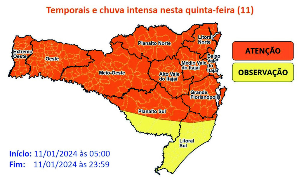 Avanço de frente fria traz temporais e até queda de granizo para SC