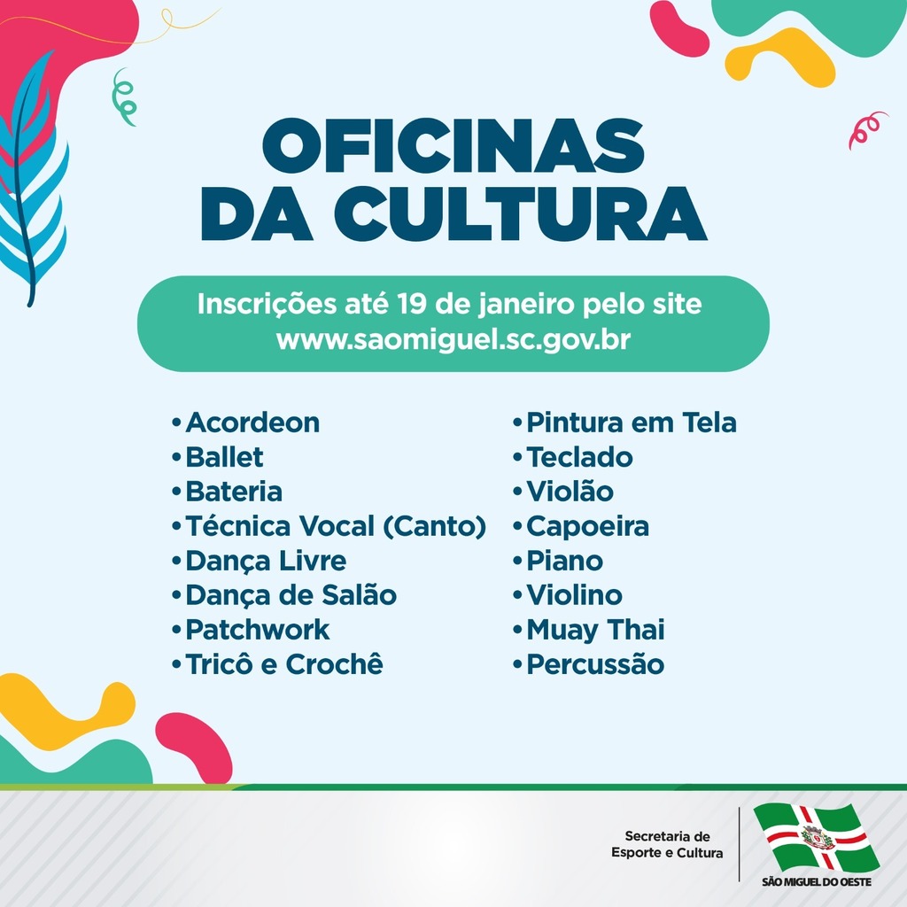 Inscrições para Oficinas da Cultura estão abertas no site do Município