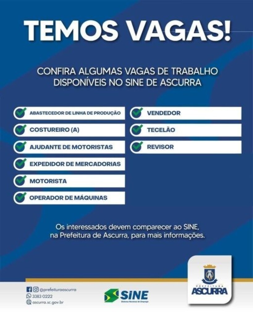 Confira algumas vagas de trabalho disponíveis em Ascurra!