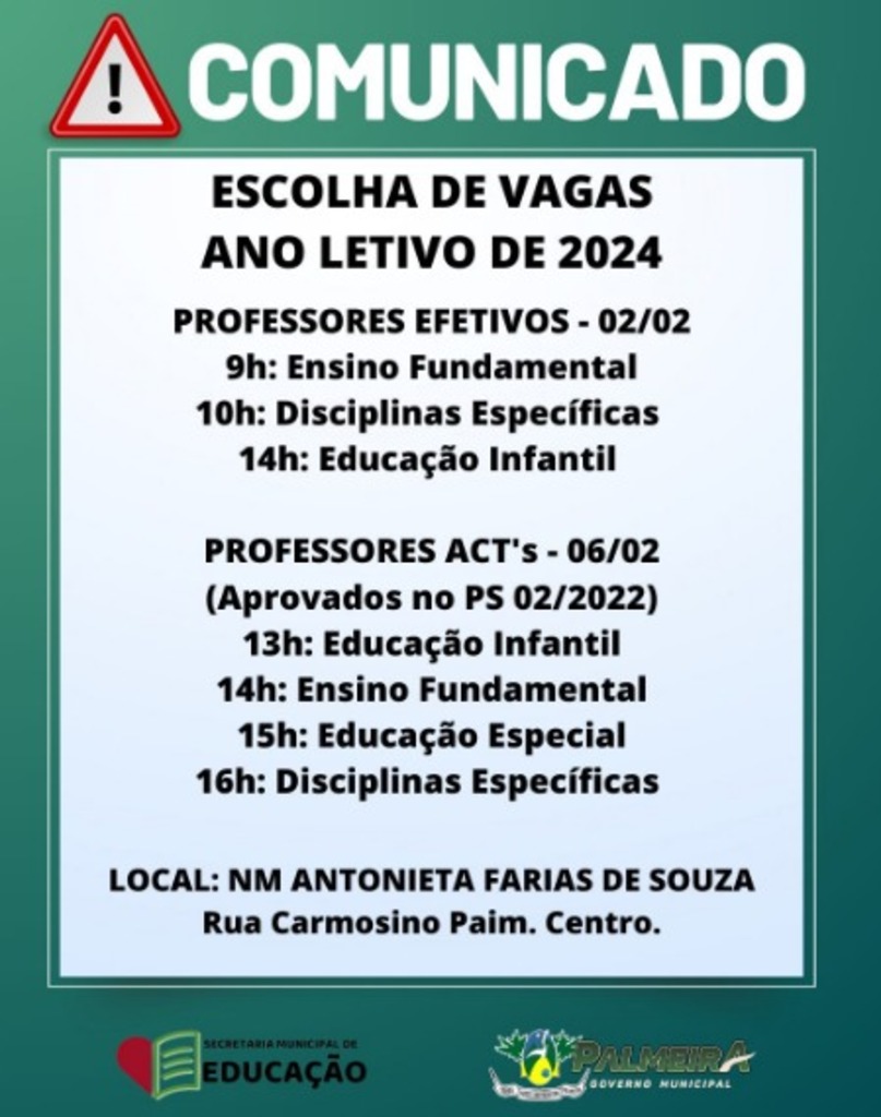 Atenção professores de Palmeira