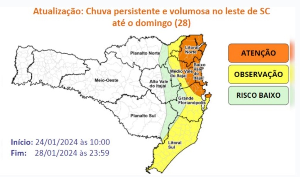 Vórtice ciclônico deixa SC em alerta laranja para enxurradas e ventos de até 100 km/h