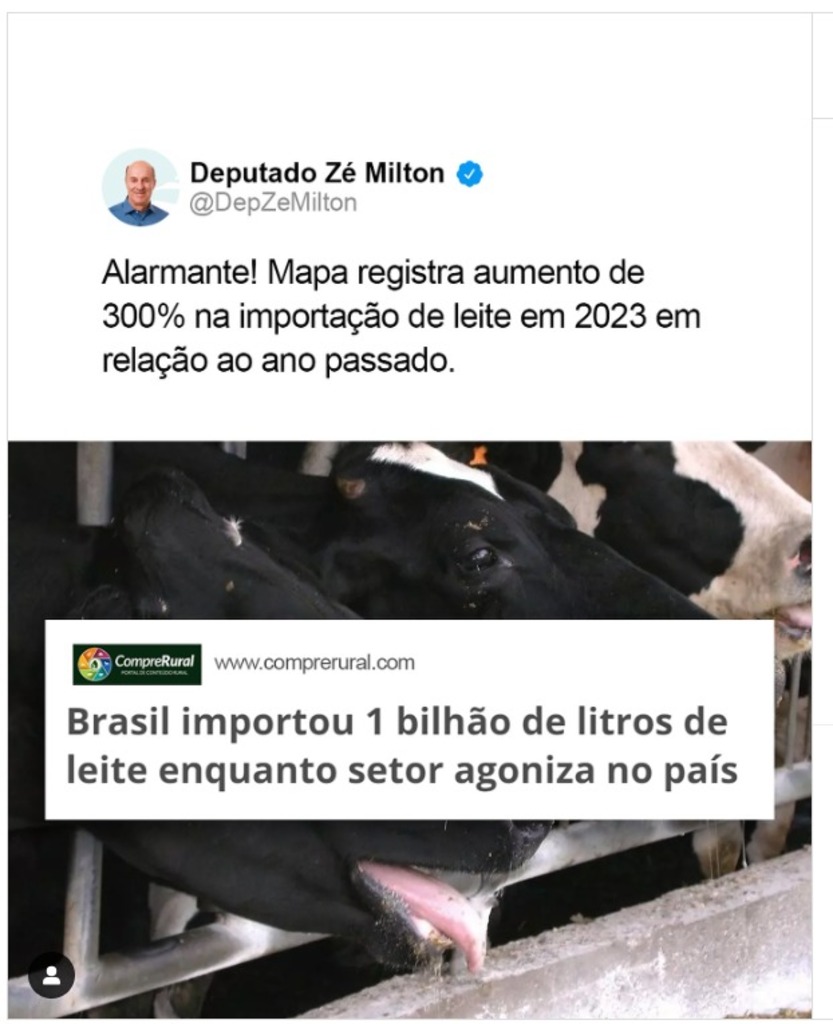 DEPUTADO ZÉ MILTON FAZ CRÍTICAS AOS ACORDOS INTERNACIONAIS DO SETOR DO LEITE