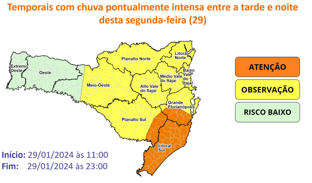 Defesa Civil alerta: Temporais com chuva pontualmente intensa entre a tarde e noite desta segunda-feira (29)