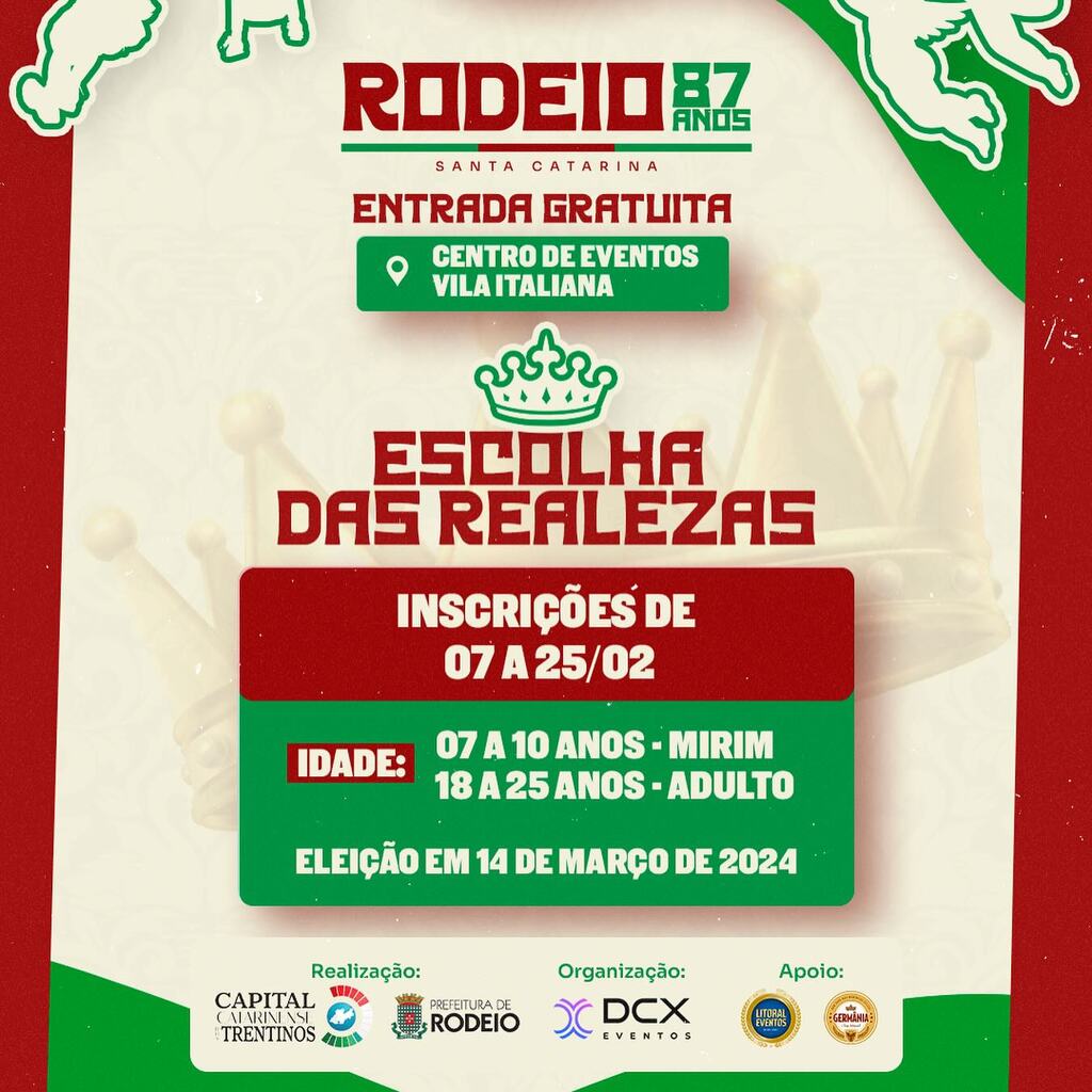 EDITAL DE INSCRIÇÃO PARA REALEZAS DO MUNICIPIO DE RODEIO ESTÃO ABERTAS