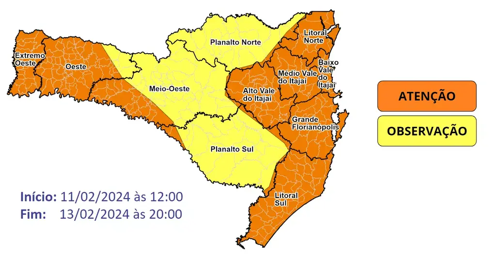 As áreas em laranja no mapa ndicam alto risco, enquanto as áreas em amarelo apresentam risco moder - 